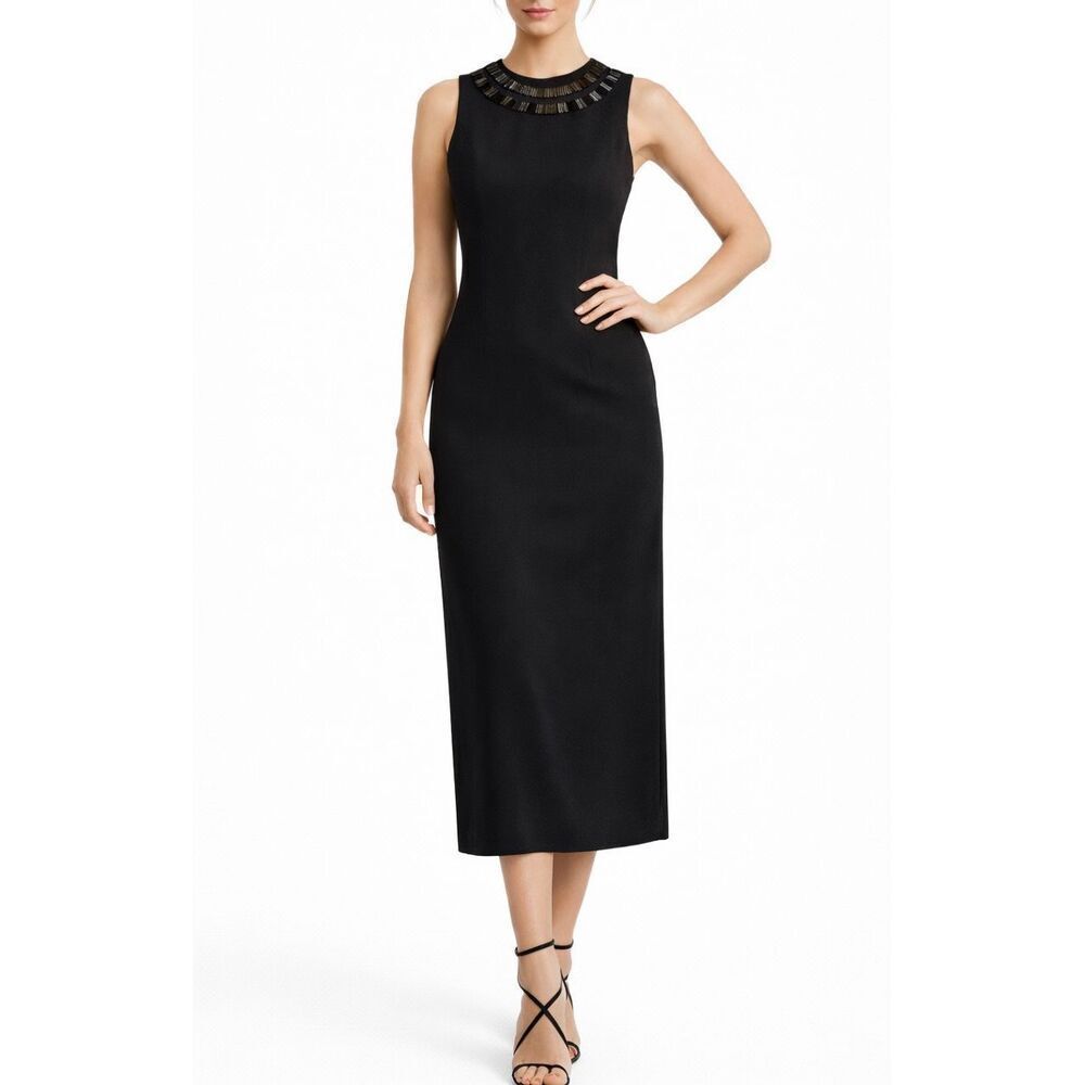 Ozbek Vintage 90’s made in Italy black beaded neck midi dress size 10 Rare